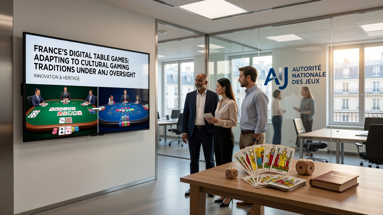 Live dealer studio incorporating French architectural details and traditional gaming accessories monitored by ANJ standards