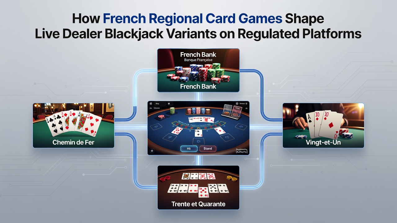 Close-up of live dealer handling cards on a French-regulated blackjack table showing regional motif influences